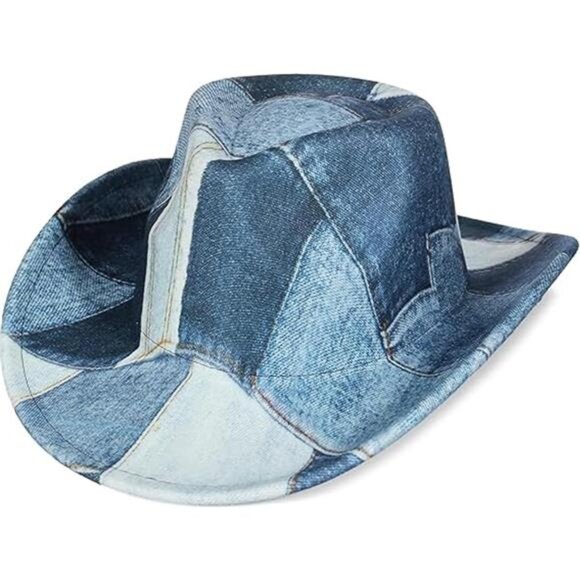 Tie Dye Denim Patchwork Cowboy Hat for Women Men Western Wide Brim Costume